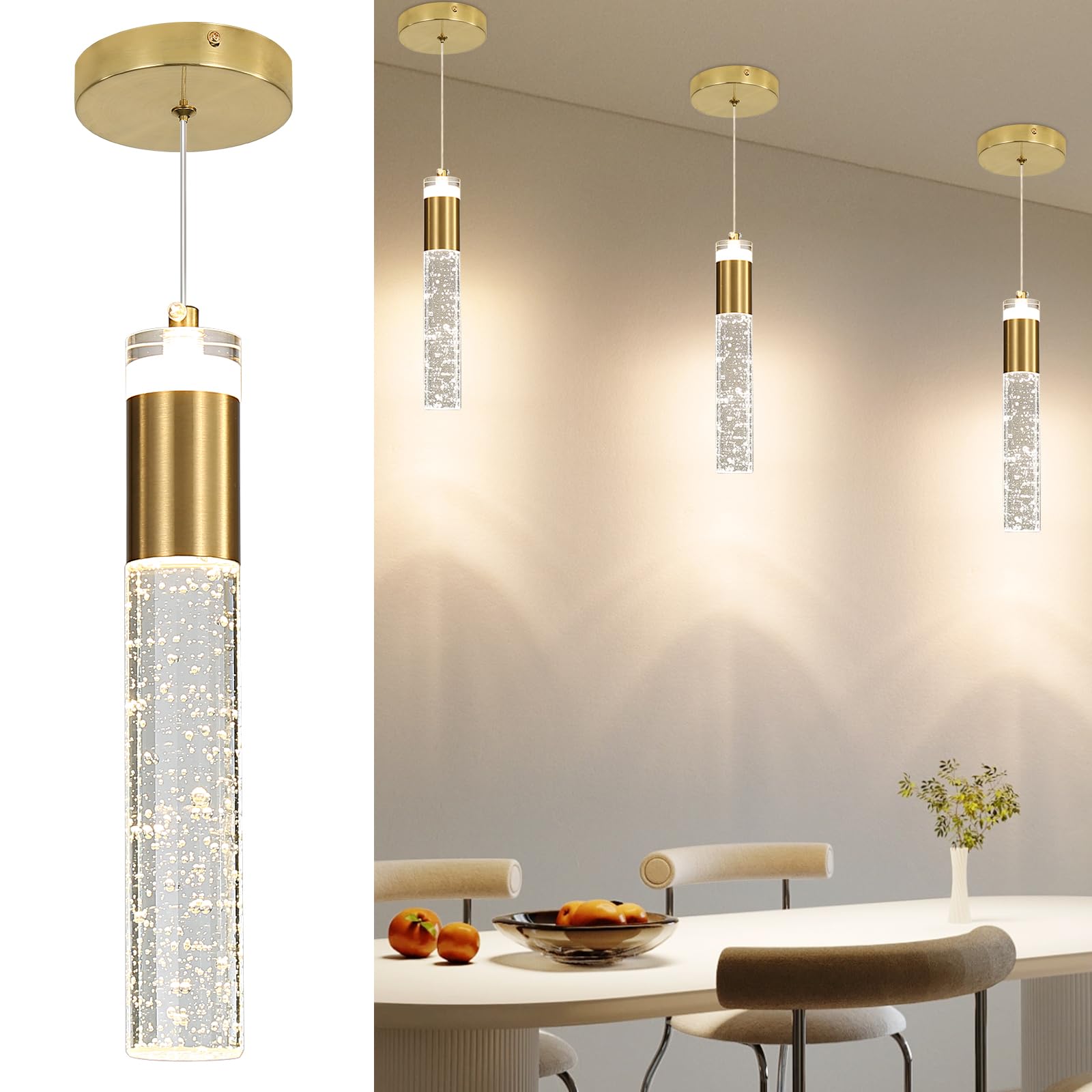 2 Pack Minimalist Kitchen Island Pendant Lights, Black Modern Linear Hanging Light Fixture, Bubble Acrylic, Adjustable 2700K/4500K/6500K, LED Ceiling Lamp for Dining Room, Bedside, Bathroom, Bar