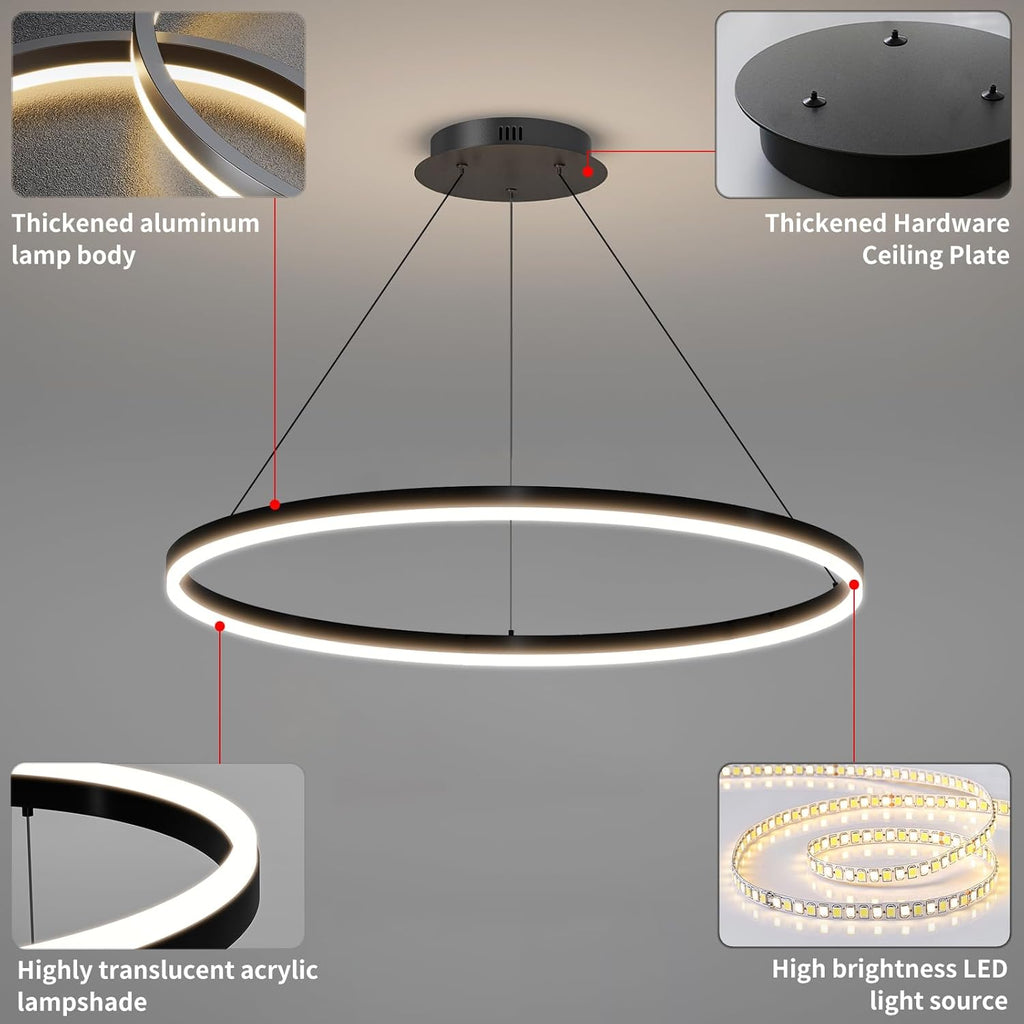 15.7in Black Acrylic Dimmable LED Pendant Light, 3-Color Remote Controlled Ceiling Chandelier for Kitchen