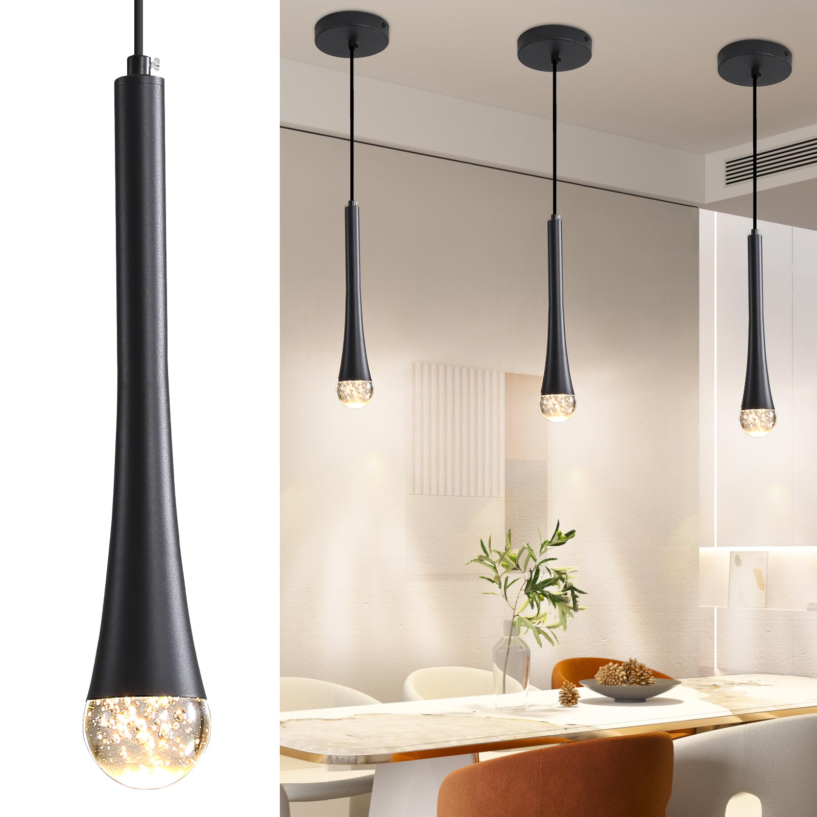 2 Pack Minimalist Kitchen Island Pendant Lights, Black Modern Linear Hanging Light Fixture, Bubble Acrylic, Adjustable 2700K/4500K/6500K, LED Ceiling Lamp for Dining Room, Bedside, Bathroom, Bar