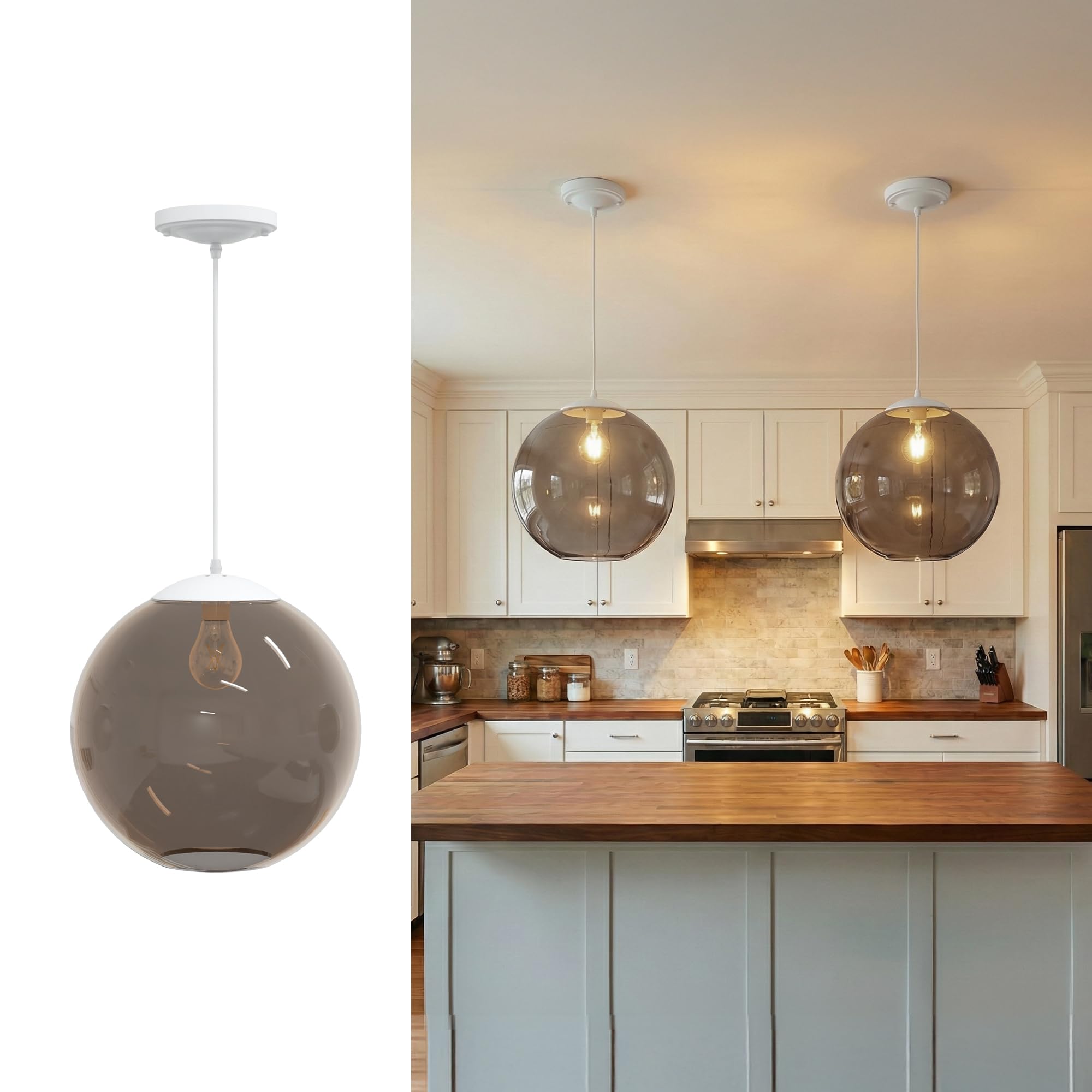 KASTLITE 12" Acrylic Globe Pendant Light Fixture, 8W 3000K Filament LED Bulb, Ceiling Mount - Kitchen Pendant Lighting Over Island, Hanging Dining Light, Living Room Lamp - Clear Shade, Black Base