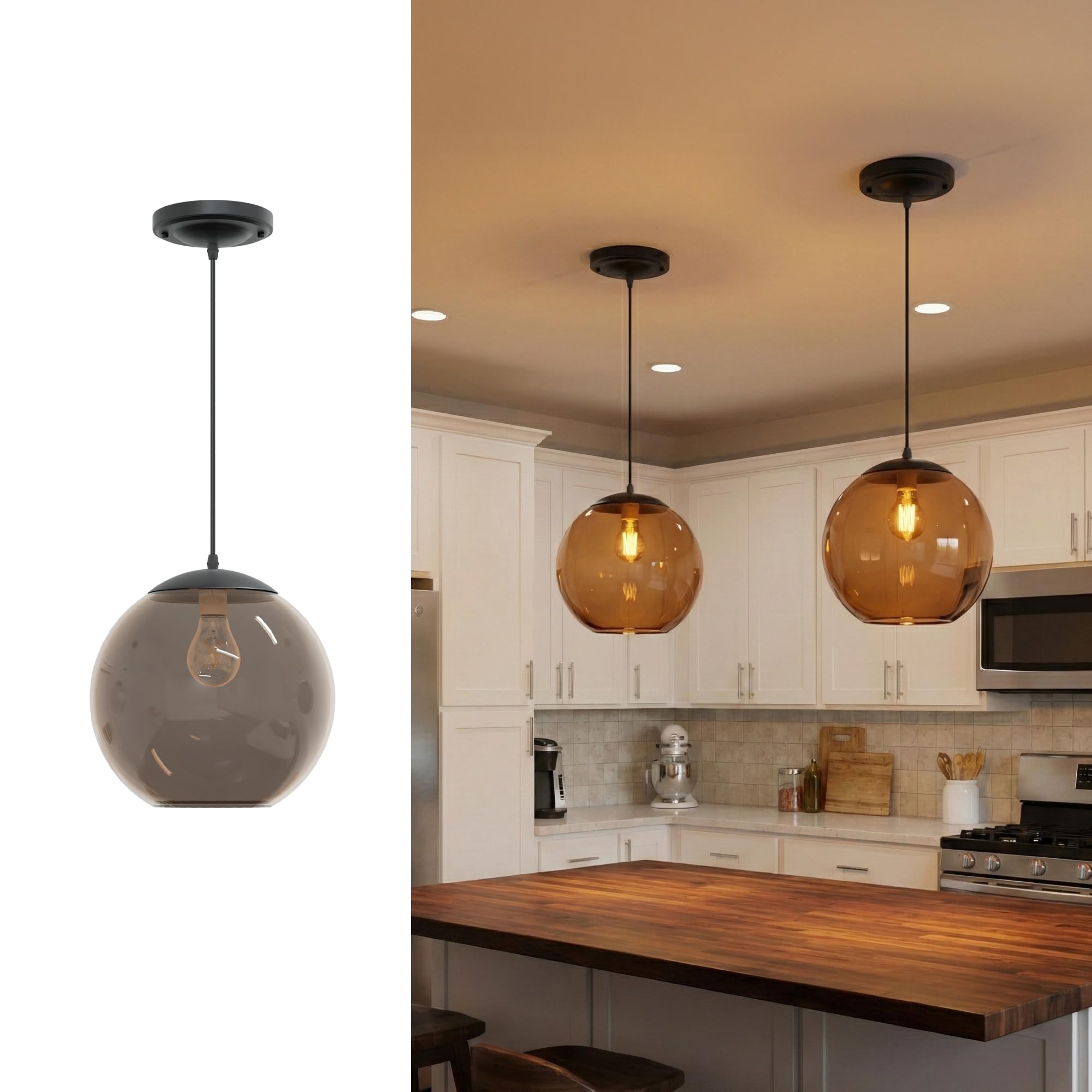 KASTLITE 10" Acrylic Globe Pendant Light Fixture, 8W 3000K Filament LED Bulb, Ceiling Mount - Kitchen Pendant Lighting Over Island, Hanging Dining Light, Living Room Lamp - White Shade, White Base