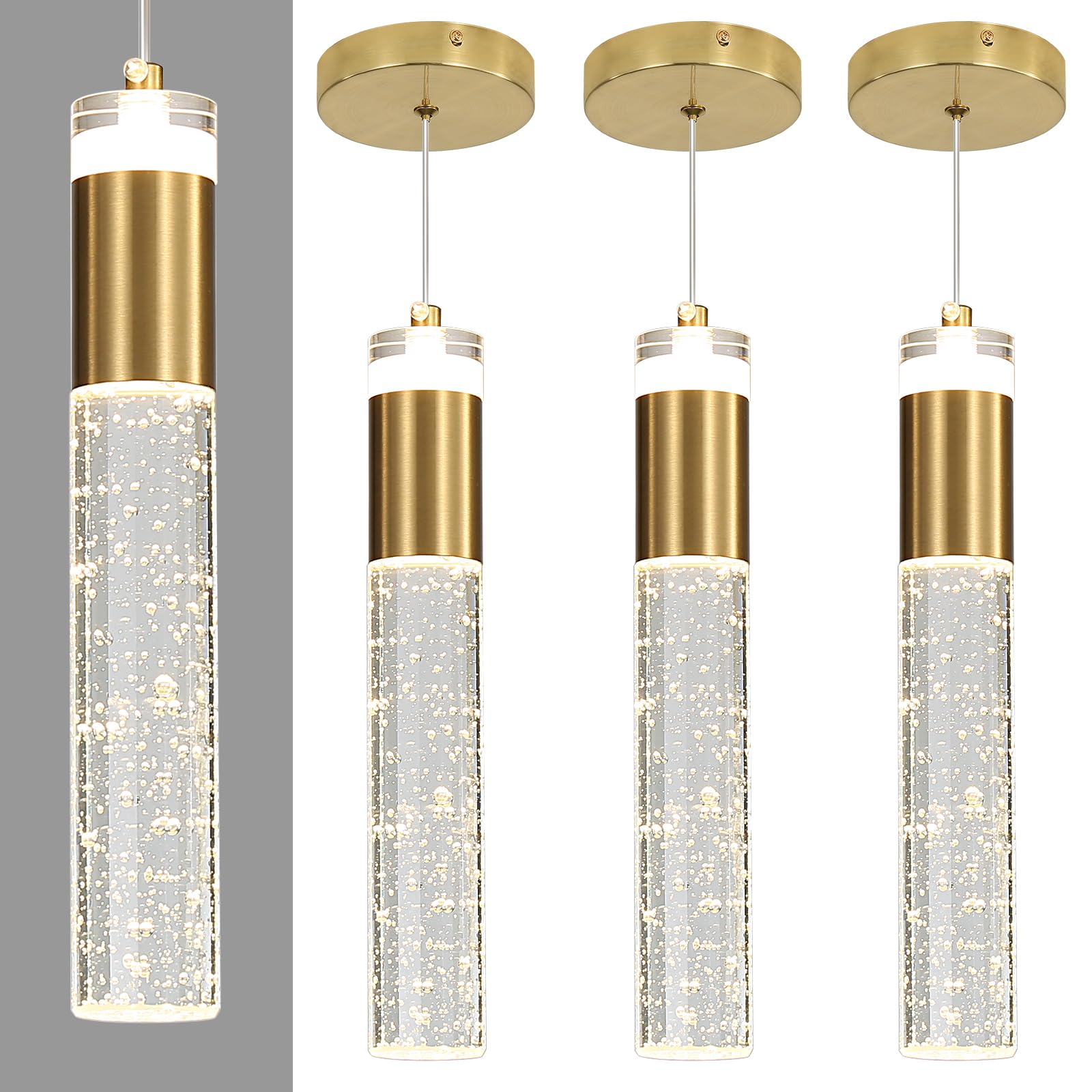 2 Pack Modern Pendant Lights, Mini Chandelier Bubble Acrylic Pendant Lighting for Kitchen Island, 3 Color 3000K/4500K/6500K, Black LED Ceiling Hanging Light for Bathroom, Dining Room, Bedroom