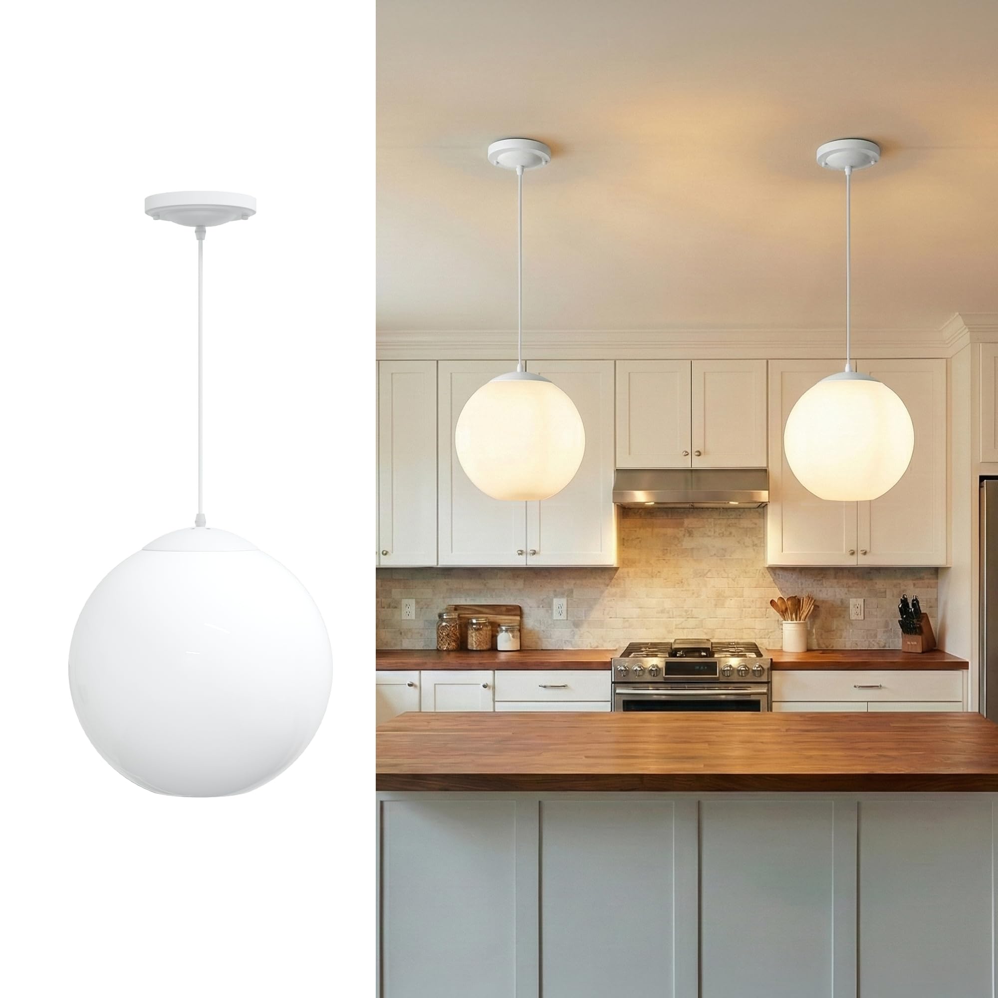 KASTLITE 12" Acrylic Globe Pendant Light Fixture, 8W 3000K Filament LED Bulb, Ceiling Mount - Kitchen Pendant Lighting Over Island, Hanging Dining Light, Living Room Lamp - Clear Shade, Black Base