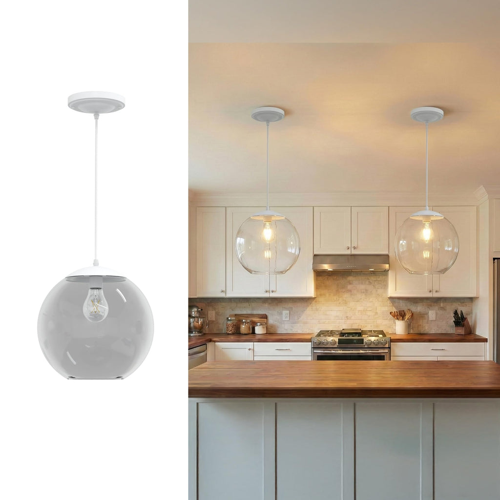 KASTLITE 10" Acrylic Globe Pendant Light Fixture, 8W 3000K Filament LED Bulb, Ceiling Mount - Kitchen Pendant Lighting Over Island, Hanging Dining Light, Living Room Lamp - White Shade, White Base