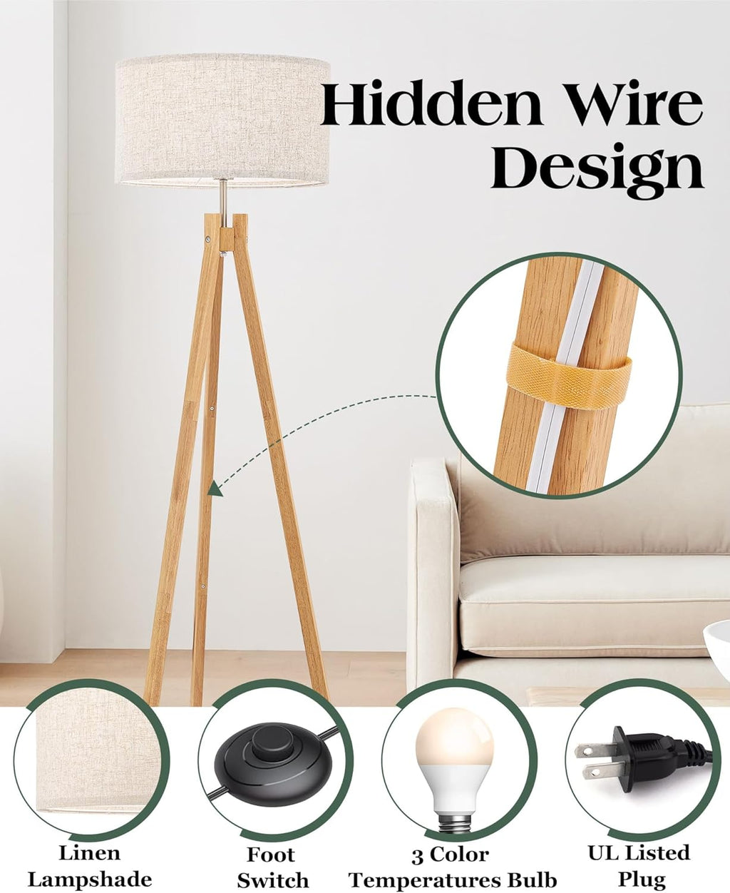 ELYONA Nordic Wood Tripod Floor Lamp, Modern Reading Standing Lamp for Living Room 3 Color Temperatures LED Bulb Included Flaxen Lamp Shade, Boho Natural Wooden floor lamp for Bedroom Office Kids Room