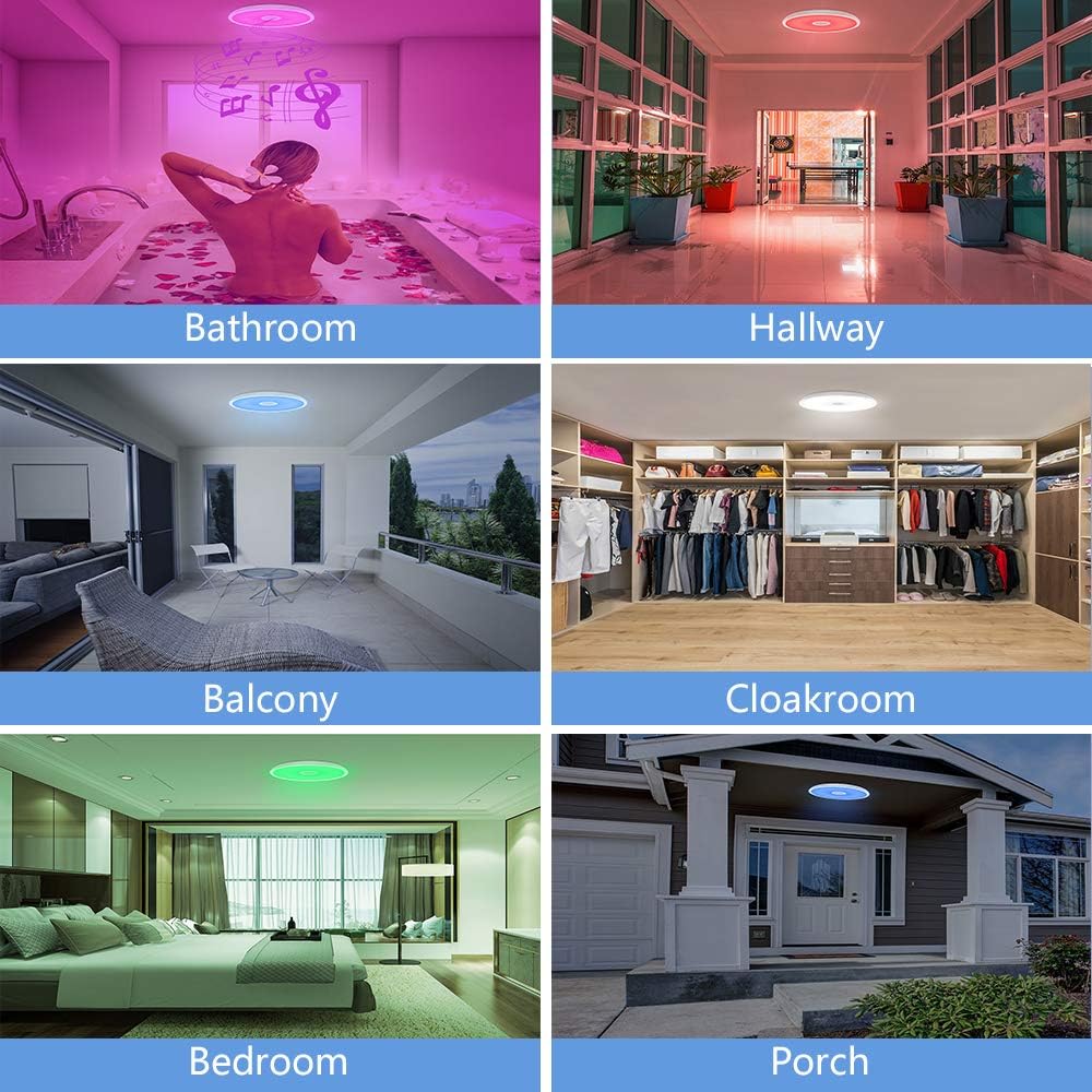 Bathroom Ceiling Light Fixture, Waterproof IP65 18W LED Music Ceiling Lamp with Remote Control with Bluetooth Speaker,FCC and UL1598 Certified for Kitchen, Laundry, Hallway. (Need Wired)