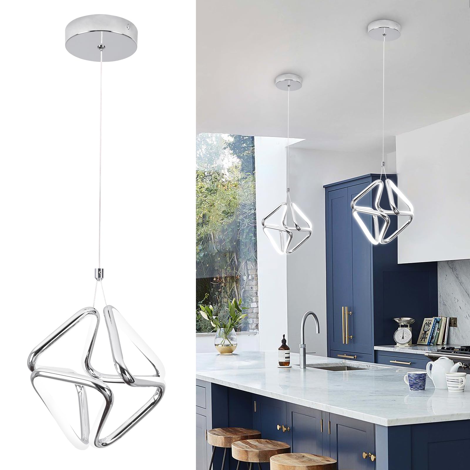Modern Pendant Light Fixtures,6000K Cool White Chrome Led Pendant Lights for Kitchen Island,Adjustable Kitchen Island Hanging Light Fixture for Dining Room Bedroom Sink, 1 Pack