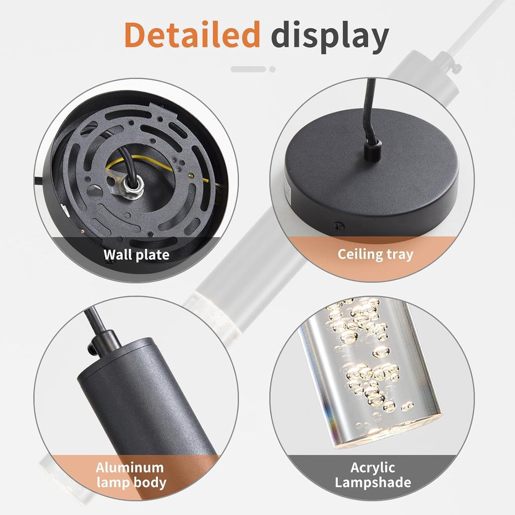 2 Pack Modern Pendant Lights, Mini Chandelier Bubble Acrylic Pendant Lighting for Kitchen Island, 3 Color 3000K/4500K/6500K, Black LED Ceiling Hanging Light for Bathroom, Dining Room, Bedroom