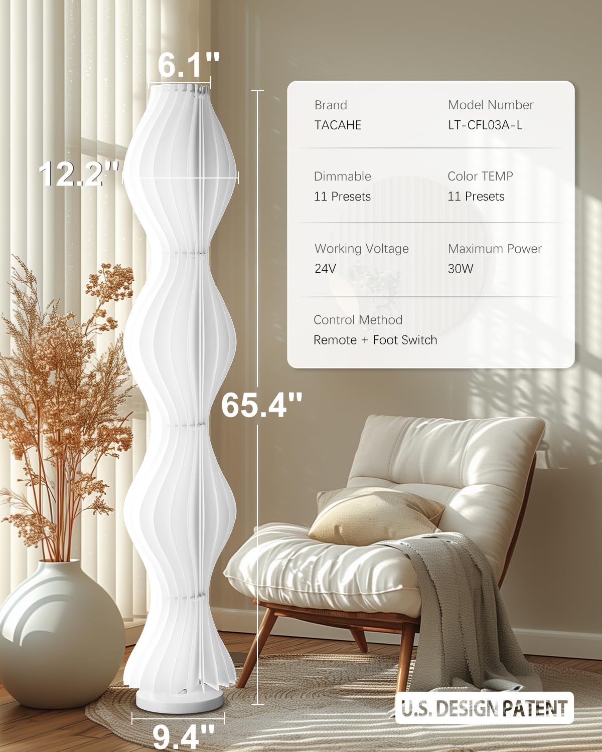 TACAHE Wave Skirt Floor Lamp - 3 Color Temp & Dimmable - Column Standing Floor Lamp with Foot Switch & Remote - 21 Sheets Lampshade - Modern Ambient Light for Living Room - 30W - 66"