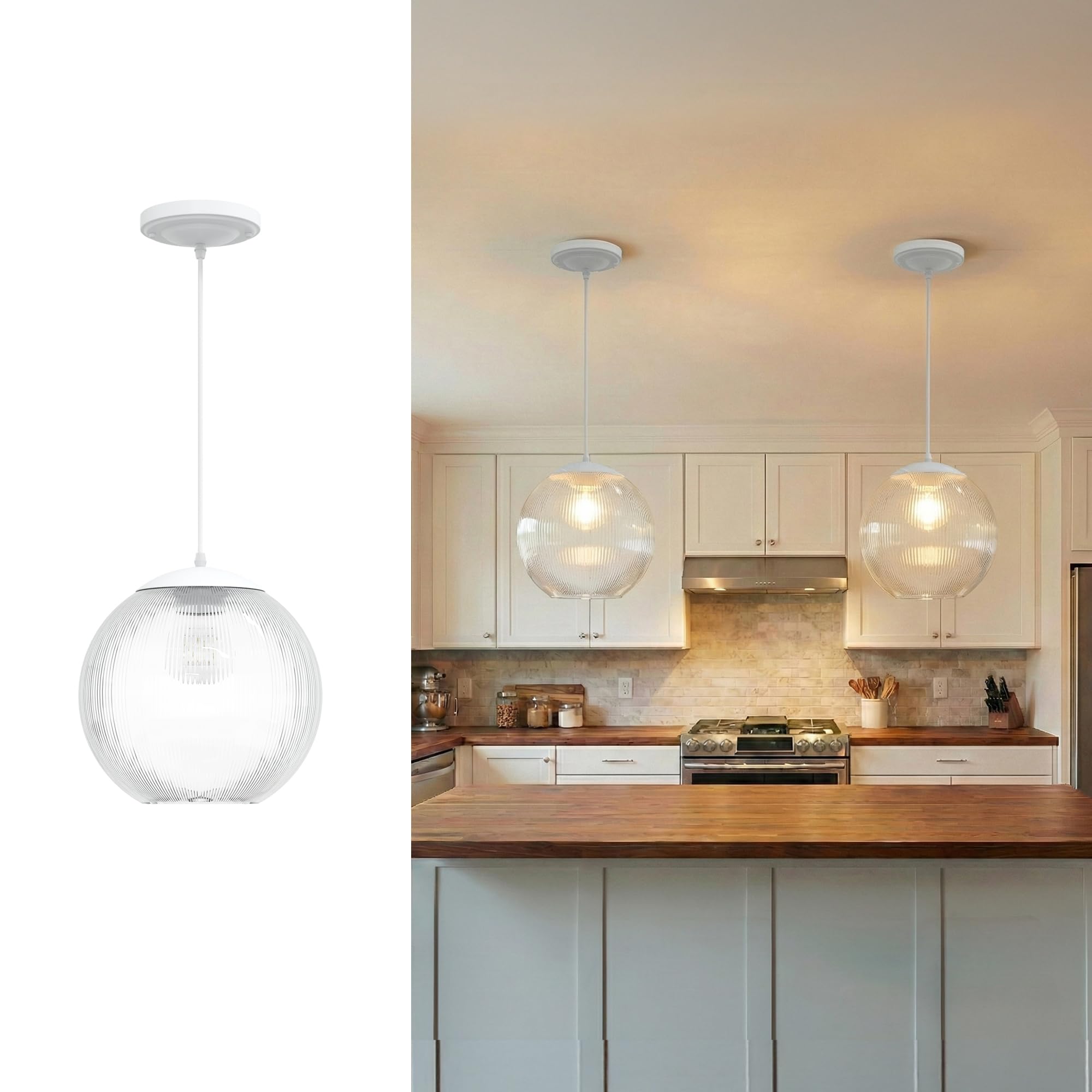KASTLITE 10" Acrylic Globe Pendant Light Fixture, 8W 3000K Filament LED Bulb, Ceiling Mount - Kitchen Pendant Lighting Over Island, Hanging Dining Light, Living Room Lamp - White Shade, White Base