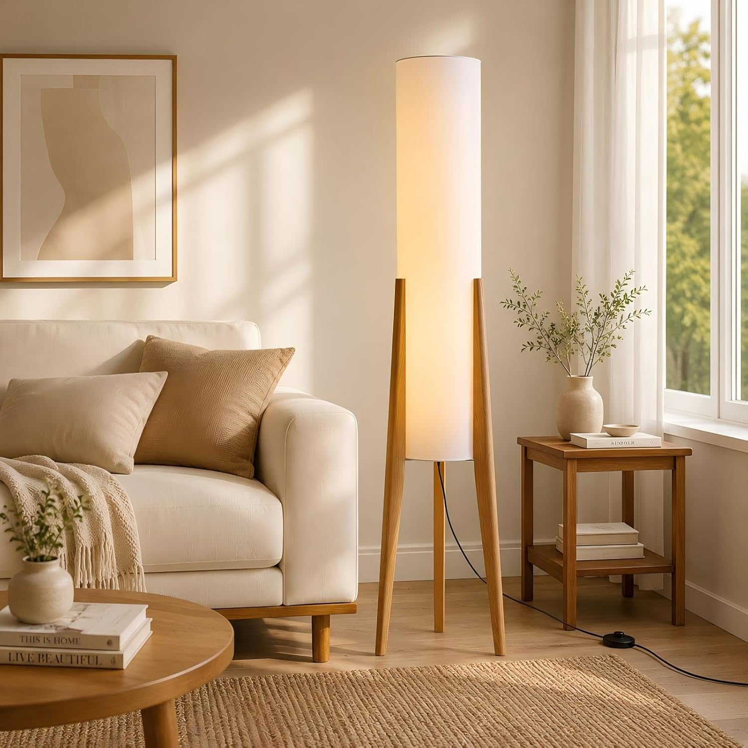 BOFEA-50 Floor Lamps for Living Room,Nordic Modern Floor Lamp,Tall Standing Boho Lamp with Fabric Shade,3 Color Art Standing Lamps,Farmhouse Wood Floor Lamp for Bedroom Office Corner
