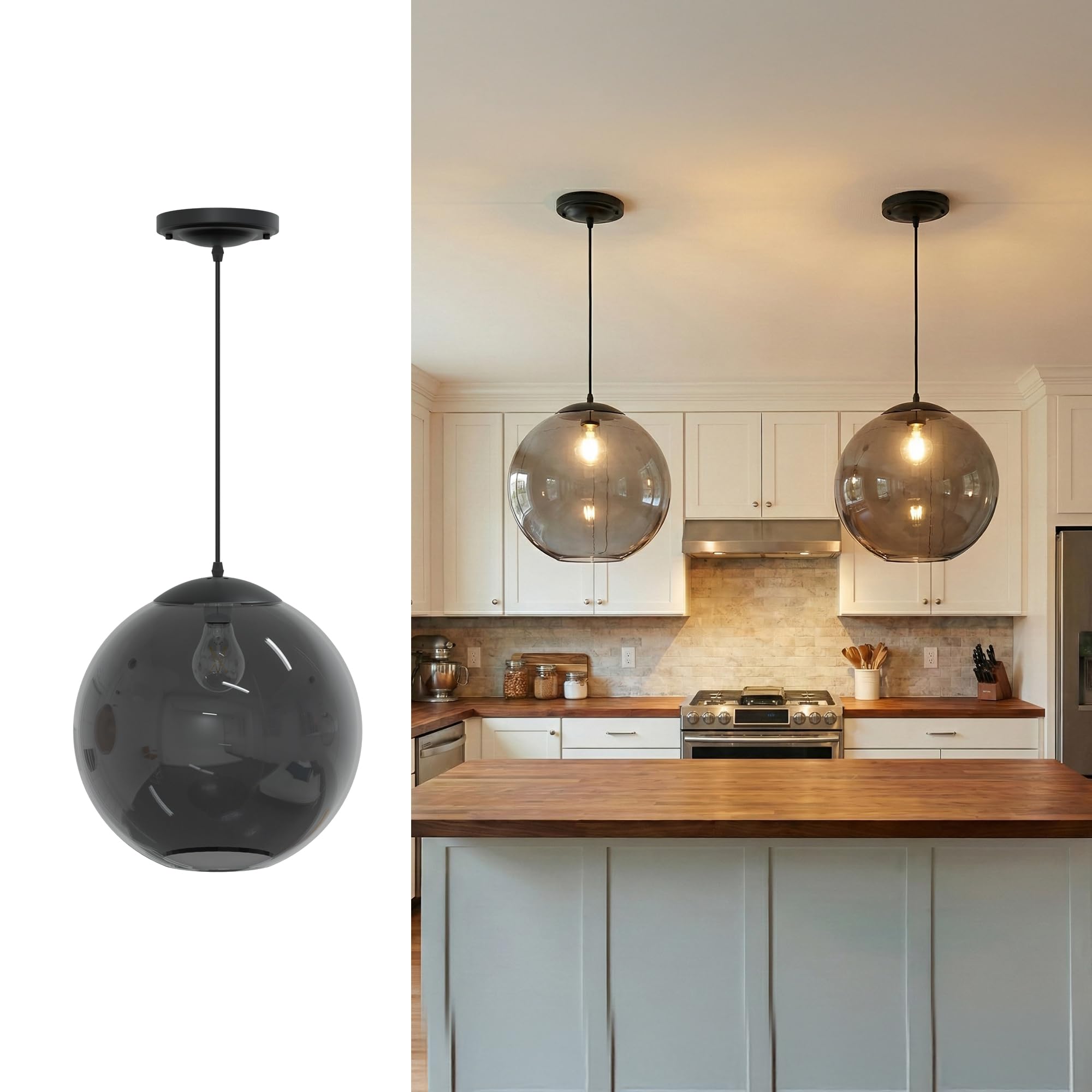 KASTLITE 12" Acrylic Globe Pendant Light Fixture, 8W 3000K Filament LED Bulb, Ceiling Mount - Kitchen Pendant Lighting Over Island, Hanging Dining Light, Living Room Lamp - Clear Shade, Black Base