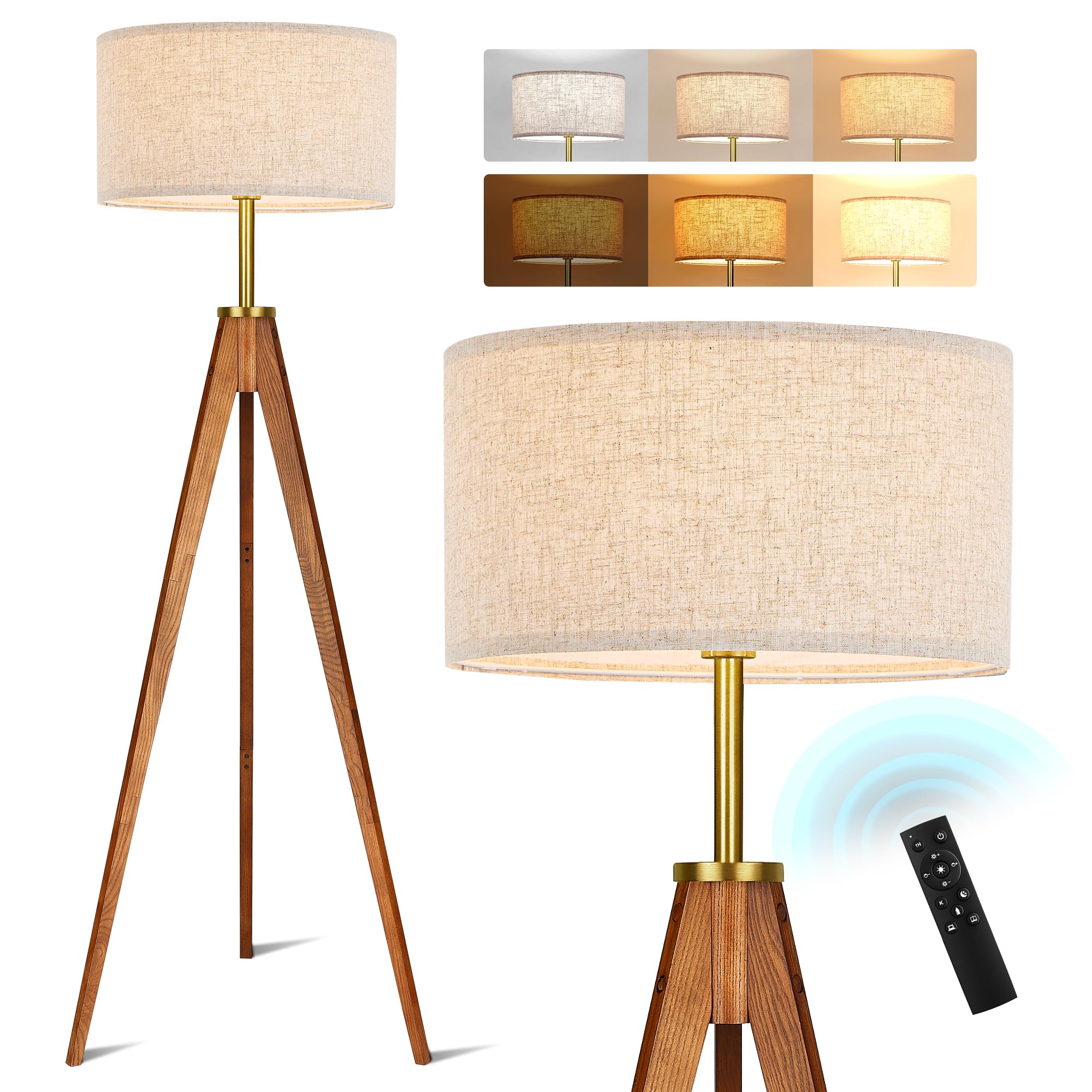 ELYONA Nordic Wood Tripod Floor Lamp, Modern Reading Standing Lamp for Living Room 3 Color Temperatures LED Bulb Included Flaxen Lamp Shade, Boho Natural Wooden floor lamp for Bedroom Office Kids Room