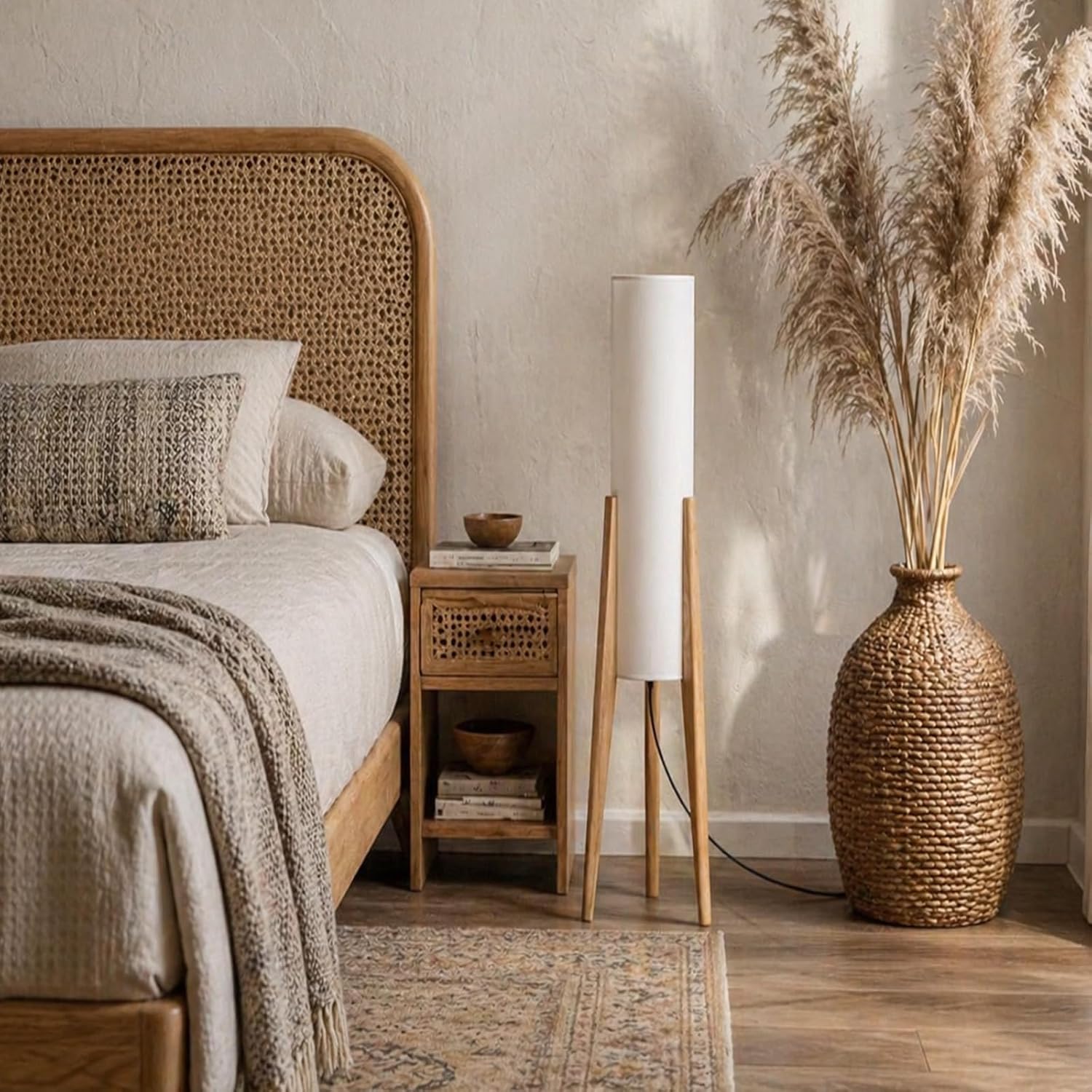 MIXL-Tripod Wooden Tall Floor Lamp,Fabric Drum Shade Corner Standing Lamp,Farmhouse Style Floor Light for Nursery and Study Room