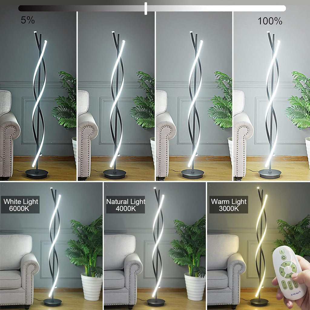 61in 60W DNA Spiral LED Floor Lamp, 3-Color Remote Dimmable Black Nordic Standing Light for Living Room Decor