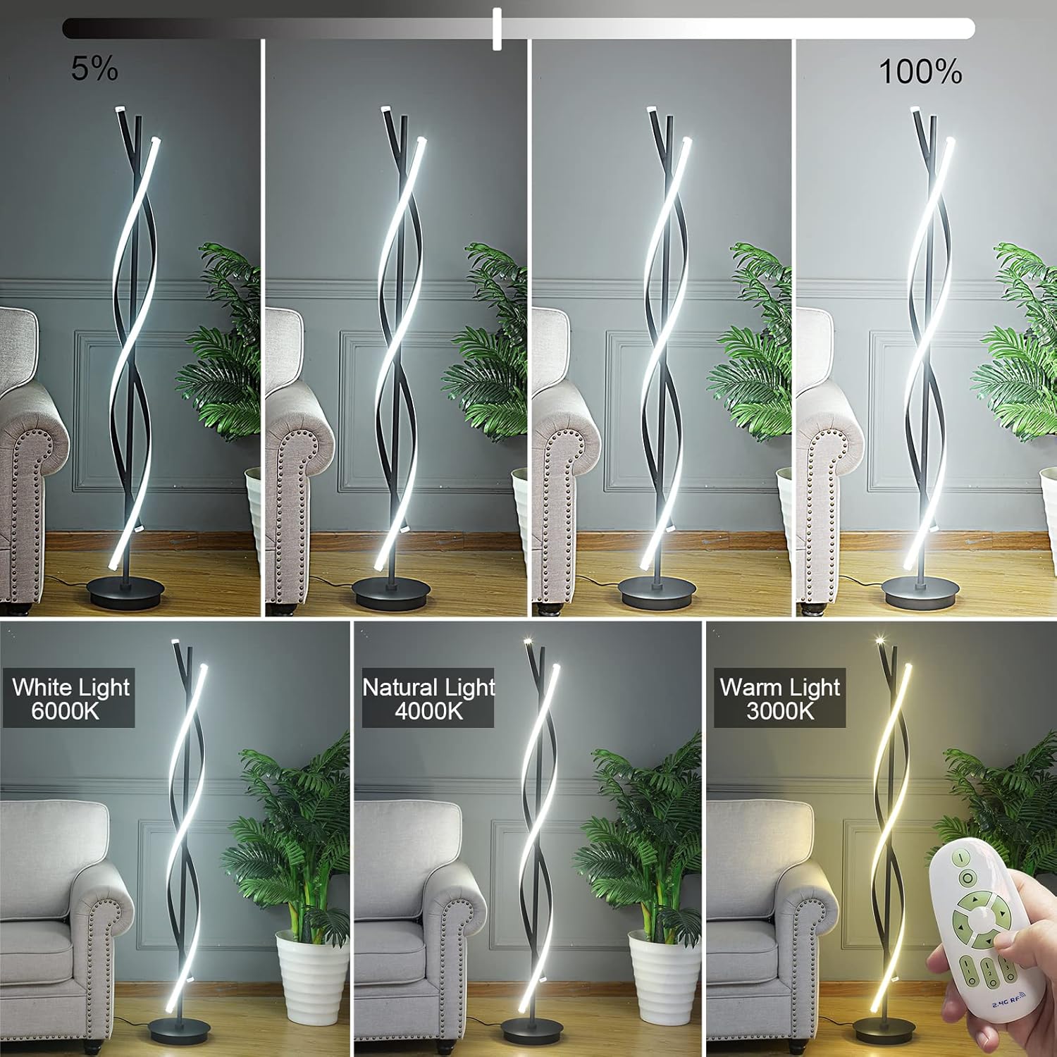 61in 60W DNA Spiral LED Floor Lamp, 3-Color Remote Dimmable Black Nordic Standing Light for Living Room Decor