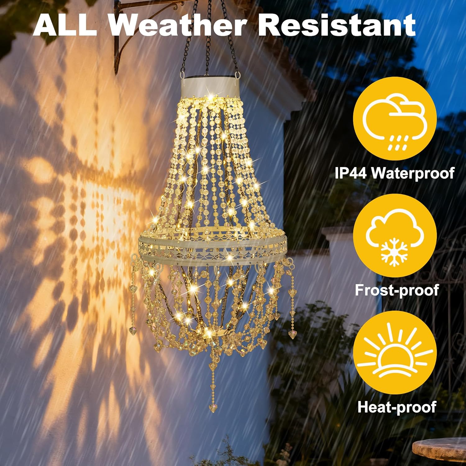 Hanging Solar Lantern Outdoor Chandelier, Waterproof Modern Crystal Acrylic Pendant Light with Warm White LED S Hook Gifts for Women Garden Decor Light for Gazebo, Patio, Yard, Party, Wedding