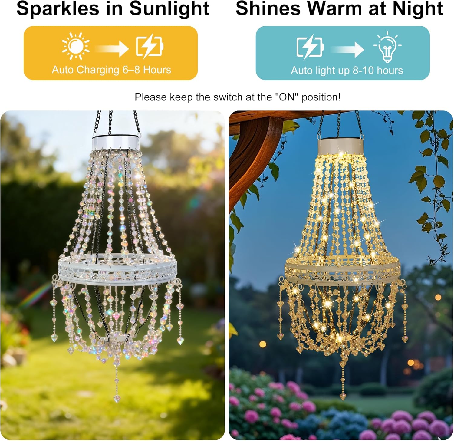 Hanging Solar Lantern Outdoor Chandelier, Waterproof Modern Crystal Acrylic Pendant Light with Warm White LED S Hook Gifts for Women Garden Decor Light for Gazebo, Patio, Yard, Party, Wedding