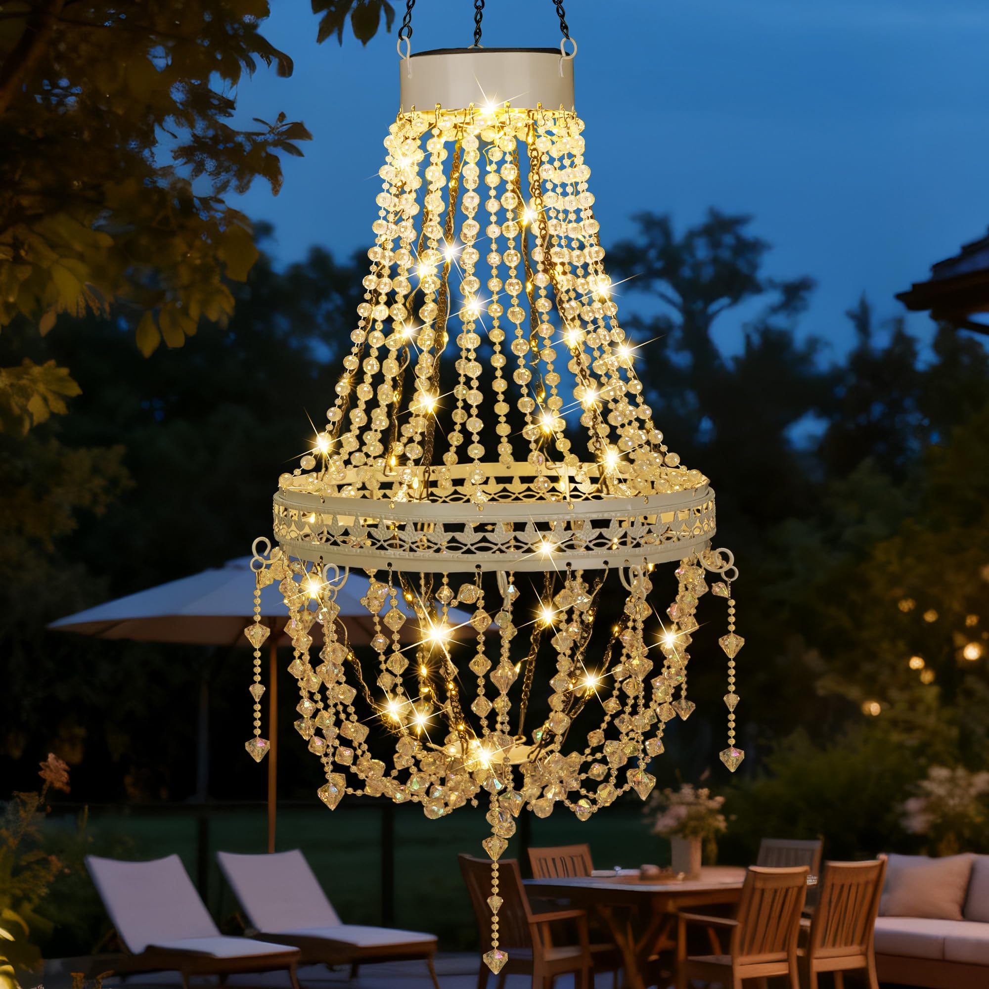 Hanging Solar Lantern Outdoor Chandelier, Waterproof Modern Crystal Acrylic Pendant Light with Warm White LED S Hook Gifts for Women Garden Decor Light for Gazebo, Patio, Yard, Party, Wedding