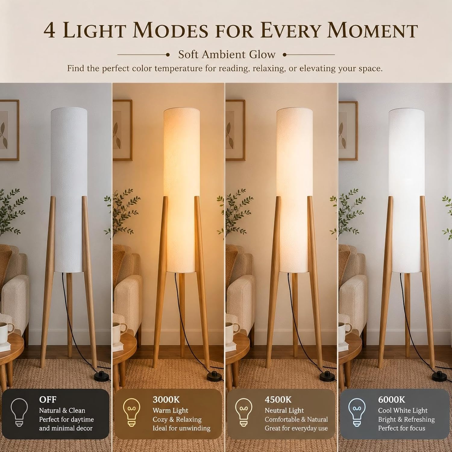 BOFEA-50 Floor Lamps for Living Room,Nordic Modern Floor Lamp,Tall Standing Boho Lamp with Fabric Shade,3 Color Art Standing Lamps,Farmhouse Wood Floor Lamp for Bedroom Office Corner