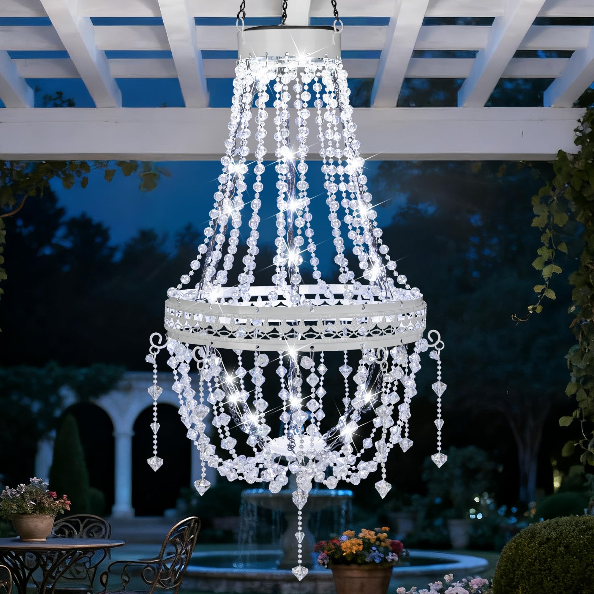Hanging Solar Lantern Outdoor Chandelier, Waterproof Modern Crystal Acrylic Pendant Light with Warm White LED S Hook Gifts for Women Garden Decor Light for Gazebo, Patio, Yard, Party, Wedding