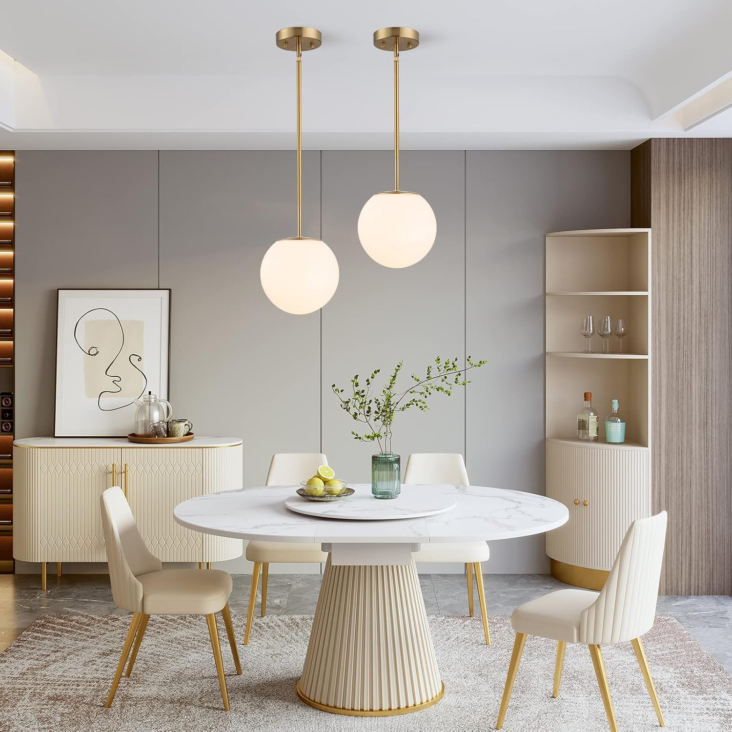 Modern Globe Pendant Light – Large Mid Century, Shatterproof Acrylic Opal Shade, Gold Finish, 2-Light, Adjustable Height for Sloped Ceilings, Hanging Lamp for Kitchen Island Dining Room Hallway
