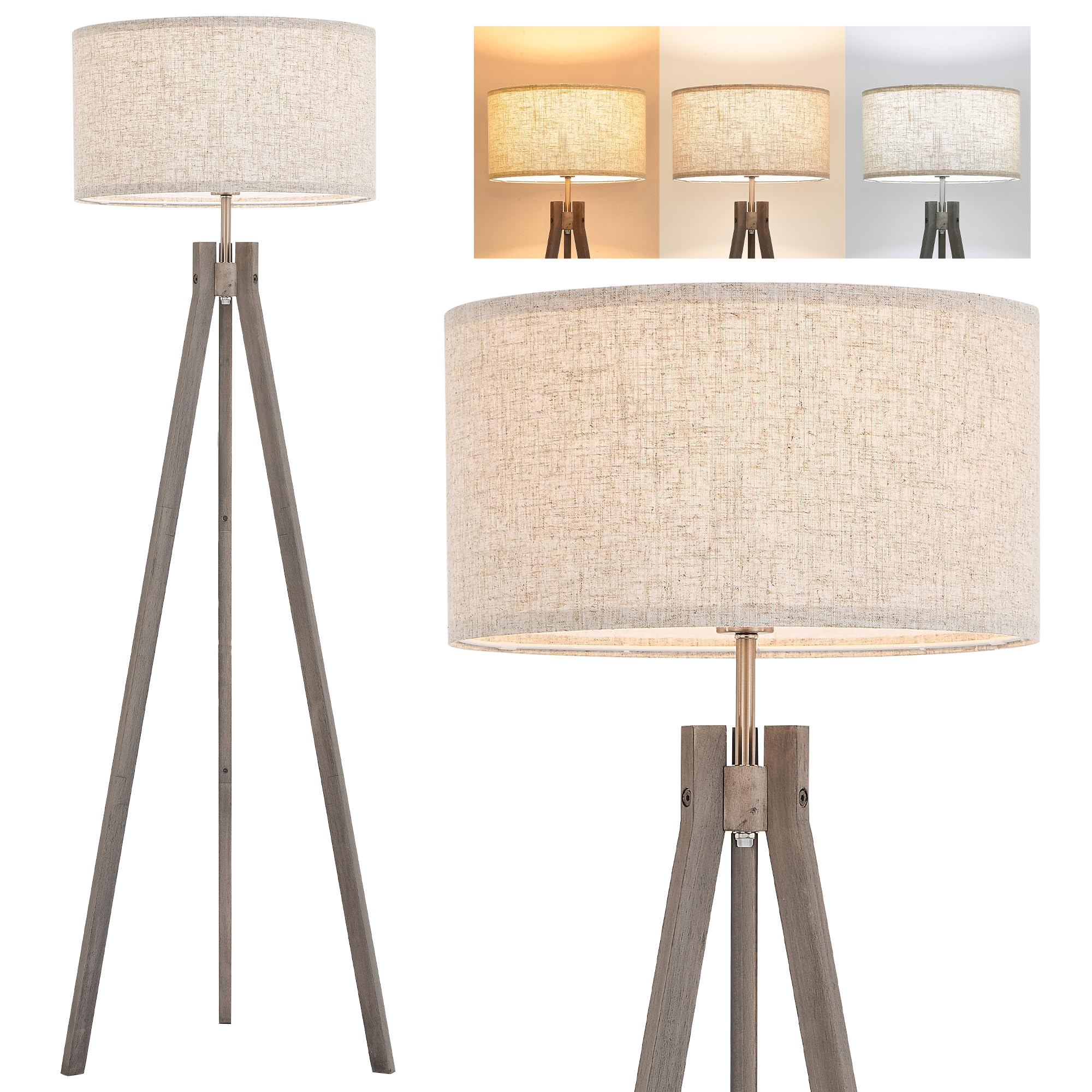 ELYONA Nordic Wood Tripod Floor Lamp, Modern Reading Standing Lamp for Living Room 3 Color Temperatures LED Bulb Included Flaxen Lamp Shade, Boho Natural Wooden floor lamp for Bedroom Office Kids Room