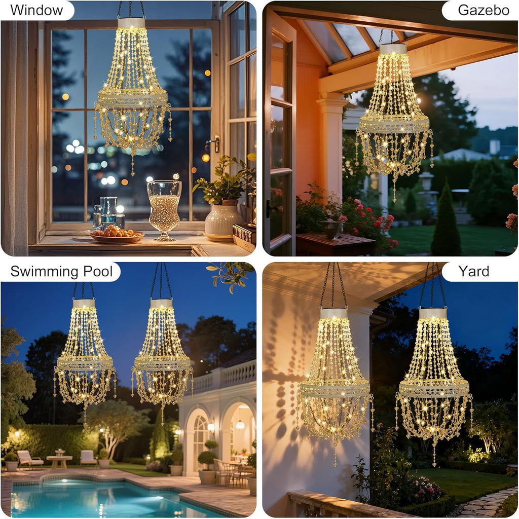 Hanging Solar Lantern Outdoor Chandelier, Waterproof Modern Crystal Acrylic Pendant Light with Warm White LED S Hook Gifts for Women Garden Decor Light for Gazebo, Patio, Yard, Party, Wedding